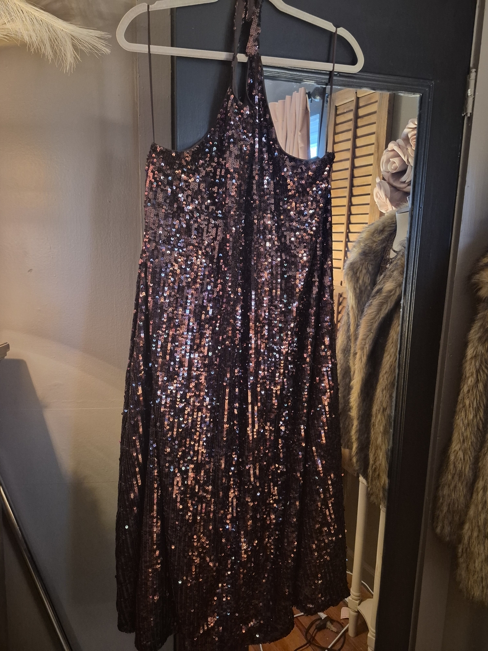 Zara Backless Sequin Halter Dress in Dark Brown Gorgeous